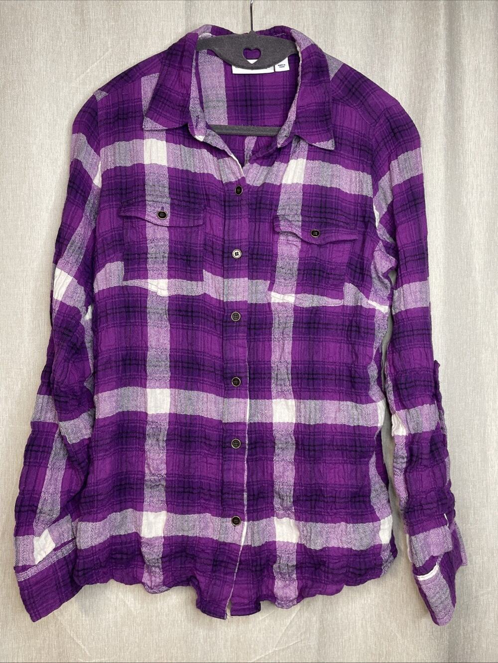 St John's Bay Women's Small-Button Up Shirt Purple Plaid/Rolltab SLV/Cowboy Chic
